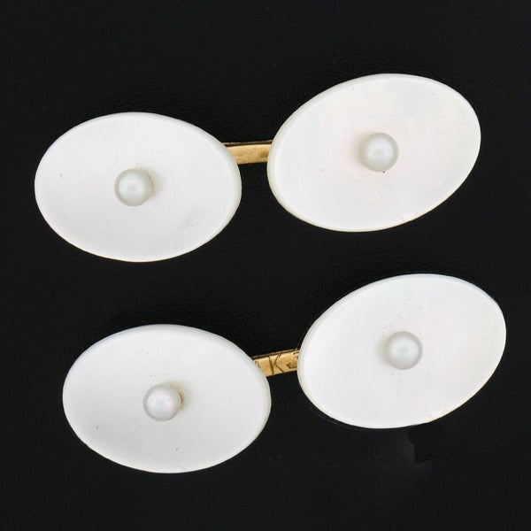 Antique 14k Gold White Mother of Pearl w Seed Pearl Center Oval Cufflinks Carousel 1