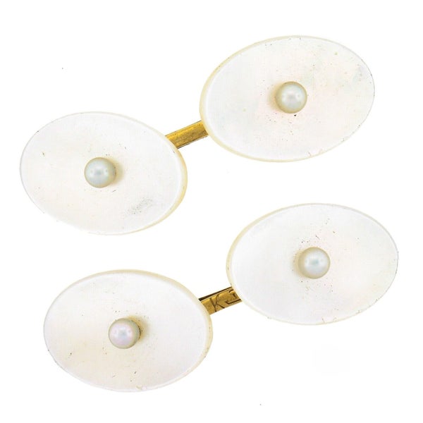 Antique 14k Gold White Mother of Pearl w Seed Pearl Center Oval Cufflinks Carousel 2