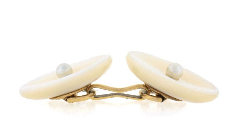 Antique 14k Gold White Mother of Pearl w Seed Pearl Center Oval Cufflinks Carousel 4
