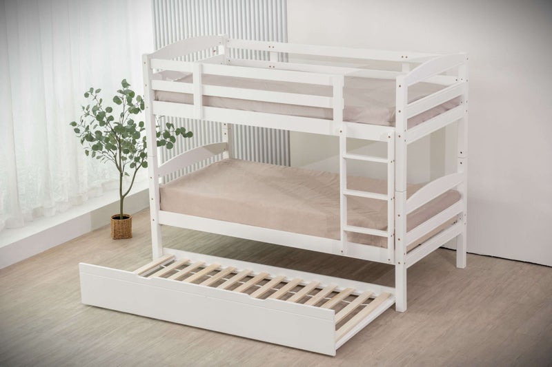 Cosmos White Single Bunk Beds + Single Trundle Bed - Solid Pine - LVL Slats Carousel 1