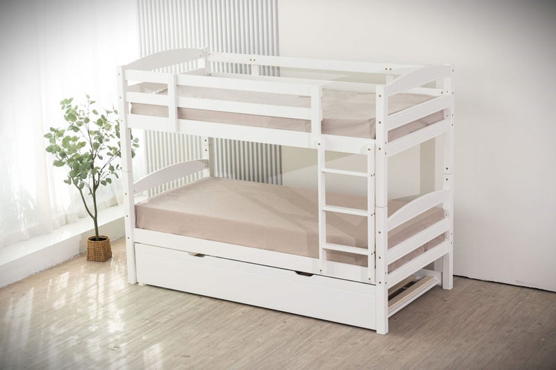 Cosmos White Single Bunk Beds + Single Trundle Bed - Solid Pine - LVL Slats Carousel 2