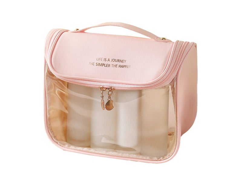 1Pc Clear Makeup Bag Travel Toiletry Bag Cosmetic Bag with Hook - Pink Carousel 1