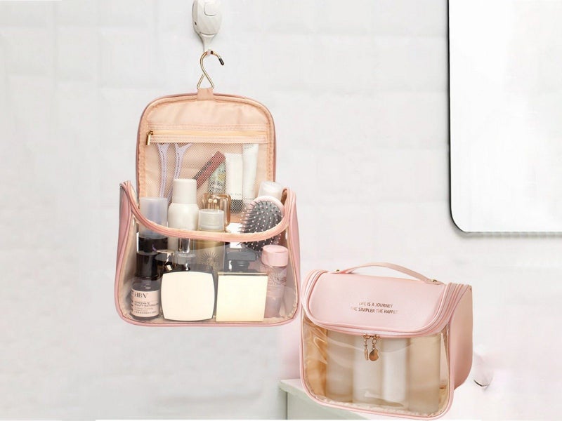 1Pc Clear Makeup Bag Travel Toiletry Bag Cosmetic Bag with Hook - Pink Carousel 2