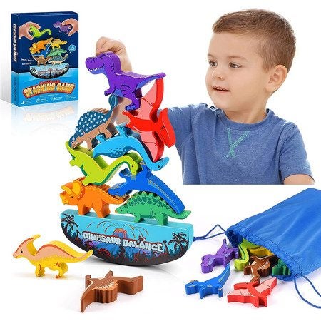 Dinosaur Toys, Wooden Stacking Montessori Toys for 3 to 7 Year Kids Carousel 8