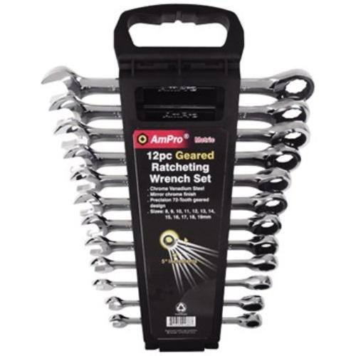 AmPro Geared Wrench Set Mirror Finish 72 Tooth 12pc 8-19mm Carousel 1