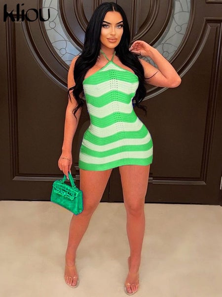 Knitted Striped Patchwork Halter Mini Dress Women Sexy Backless Carousel 2