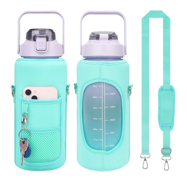 2L Large Capacity Water Bottle with Time Markings Flask Pouch Sleeve - Green Carousel 2