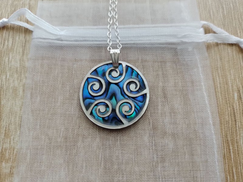 25mm Handcrafted Paua Necklace • White Mother-of-Pearl Koru Wave • FREE Gift Bag Carousel 1