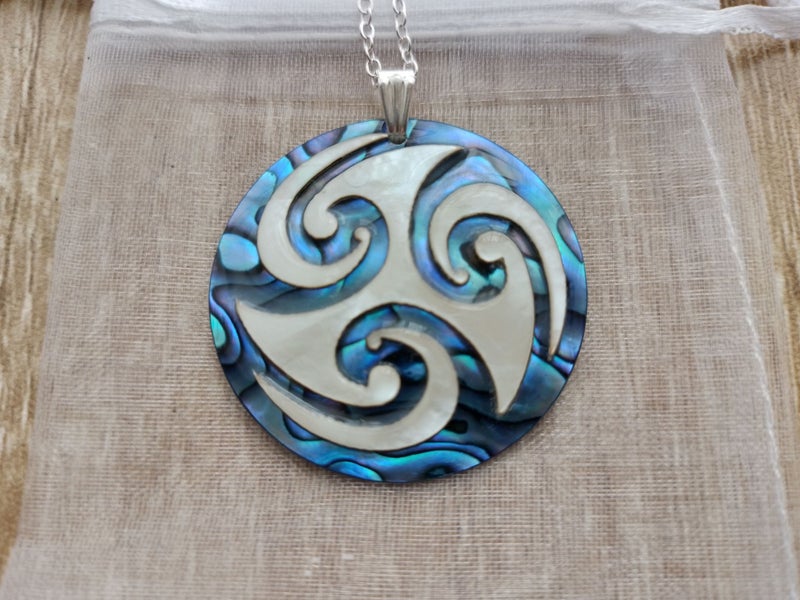Handcrafted Paua Necklace • White Mother-of-Pearl Koru Wave • FREE Gift Bag Carousel 1
