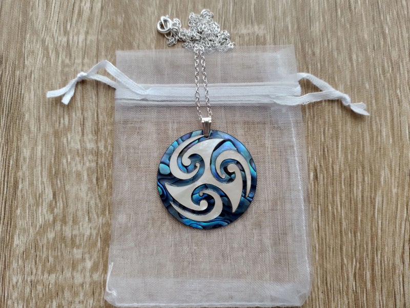Handcrafted Paua Necklace • White Mother-of-Pearl Koru Wave • FREE Gift Bag Carousel 2