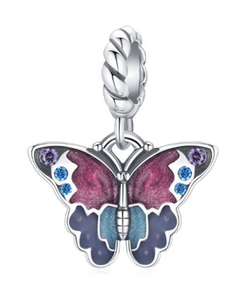 925 Sterling Silver Coloured Butterfly Charm - Fits Pandora Bracelet Carousel 1