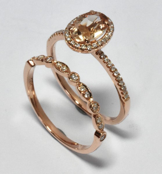 $2,700 14ct Rose Gold Morganite & Diamond Cluster & Wedder! Size R-157455 Carousel 1
