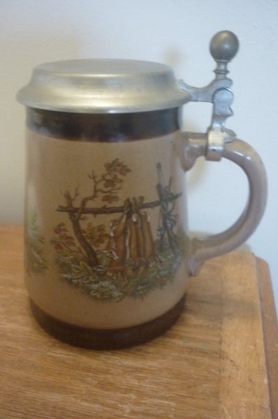 GERMAN POTTERY TANKARD WITH PEWTER LID Carousel 1