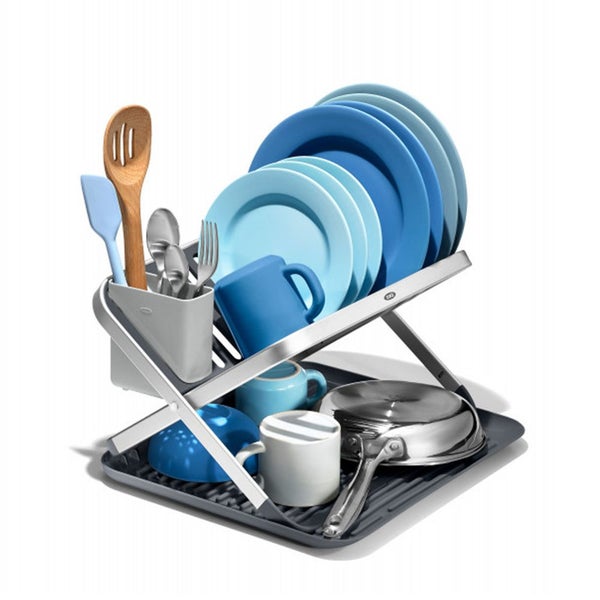 OXO Good Grips Aluminium Fold Flat Dish Rack Silver/Grey Carousel 1