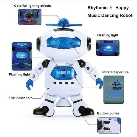 Musical Walking Dancing Robot Toy for Kids, Flashing Lights, 360 Body Spinning Carousel 1