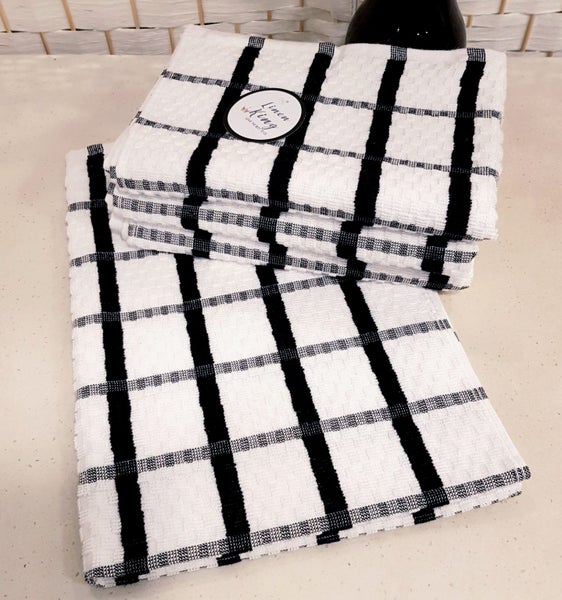 6 BLACK EXTREME LUXURY TERRY TEA TOWELS 100% COTTON BY LINEN KING Carousel 1