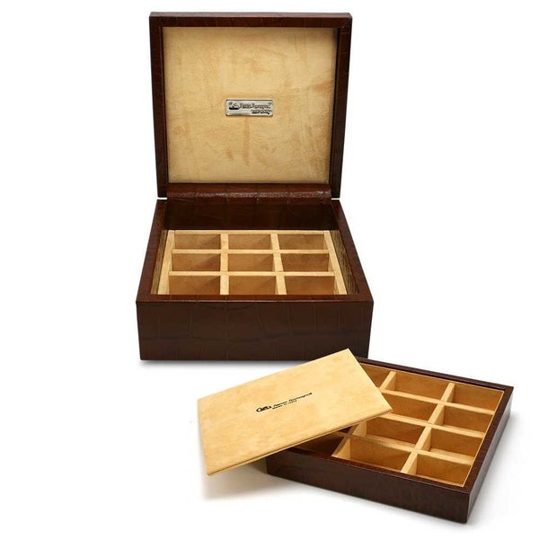 Renzo Crocodile Leather Cufflink Box 24 Compartments Brown Carousel 1