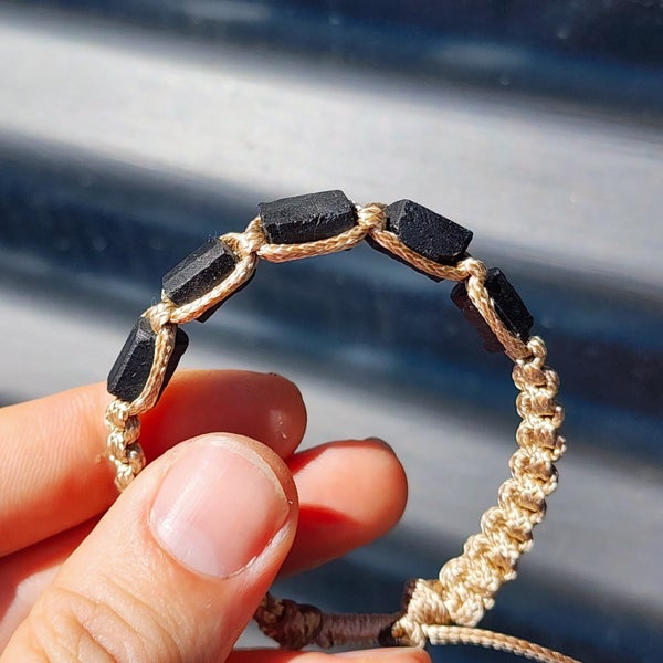 Natural Raw Black Tourmaline & Tan Macrame Bracelet (10X9B) Carousel 1