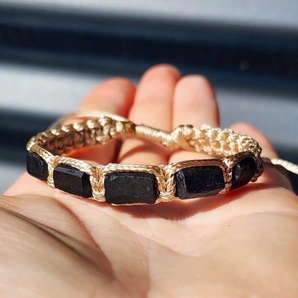 Natural Raw Black Tourmaline & Tan Macrame Bracelet (10X9B) Carousel 2