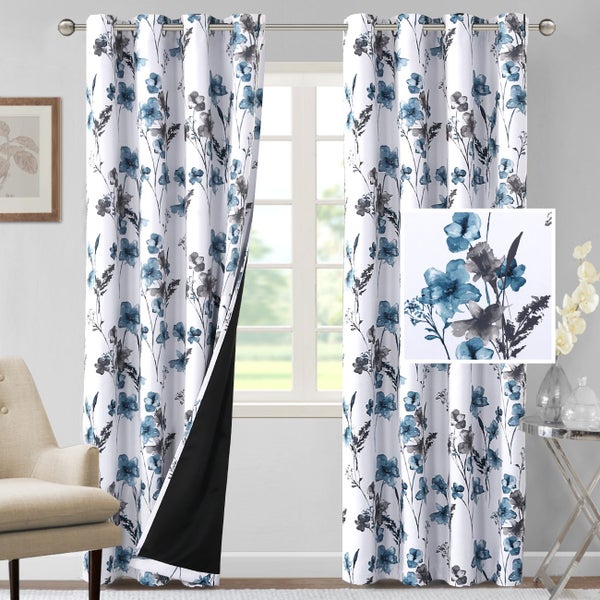 100% Blackout Curtains Drapes Cattleya Floral Print Eyelet Head Long Drop Carousel 1