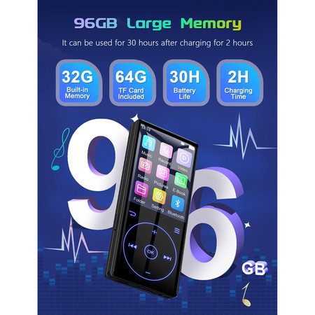 96GB MP3 Player with Bluetooth 5.0: Portable Lossless Sound Music Player with HD Carousel 1