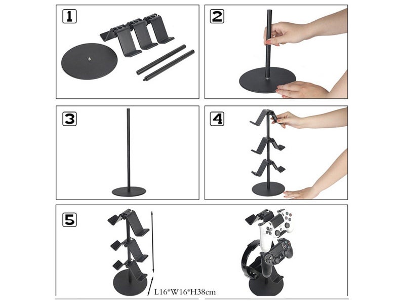 3-Tier Game Controller Stand Desktop Headphone Holder Headset Hanger - Black Carousel 5