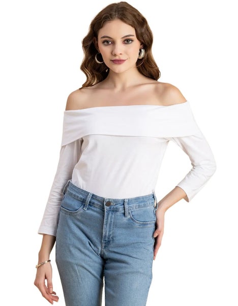 Moomaya Solid Off-Shoulder Tops, Women's Full Sleeve Casual Vacation Carousel 1