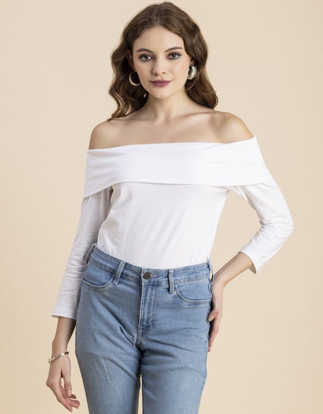 Moomaya Solid Off-Shoulder Tops, Women's Full Sleeve Casual Vacation Carousel 2