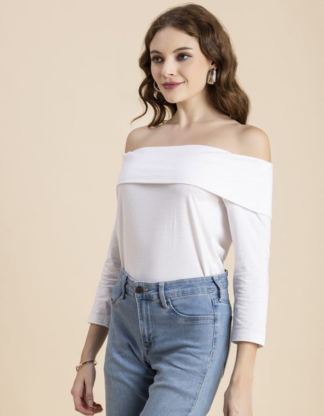 Moomaya Solid Off-Shoulder Tops, Women's Full Sleeve Casual Vacation Carousel 9