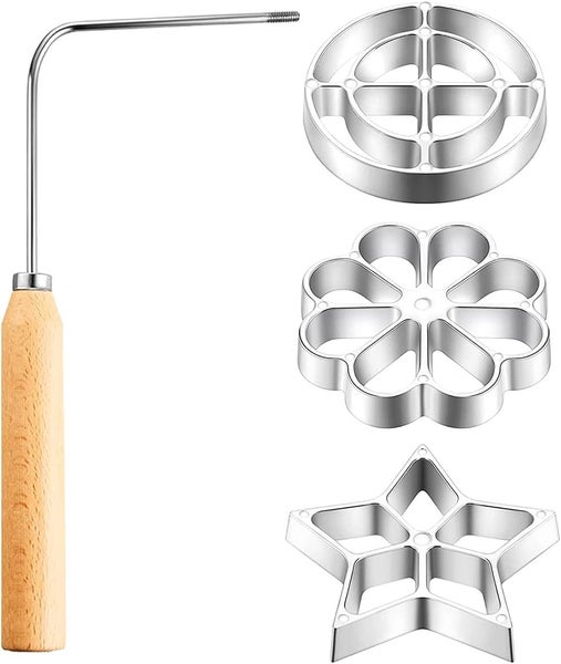 4Pack Metal Waffle Mould Set with Wooden Handle Durable Swedish Rosette Cookie Carousel 1