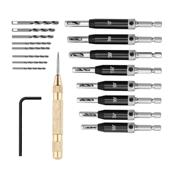18PCS 5/64'' To 1/4" Vix Self Centring Door Hinge Core Drill Bits Set With Punch Carousel 1