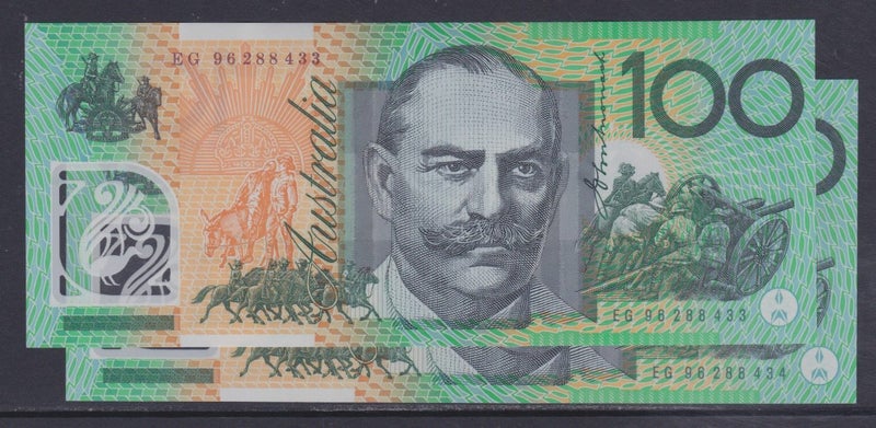 Australia - 1996 $100 Polymer - Fraser/Evans - Pair - "EG 96 288433/4" -AU -P55a Carousel 1