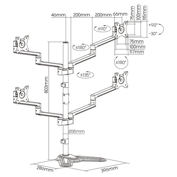 BRATECK 17"-32" Quad Arm Premium Articulating Monitor Stand. Arm Extension 447mm Carousel 6