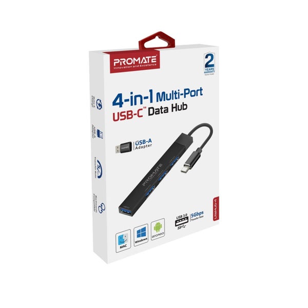 PROMATE 4-in-1 Ultra-Slim Multi Port Hub. Includes USB-C & USB-A Adapter. 4x USB Carousel 4