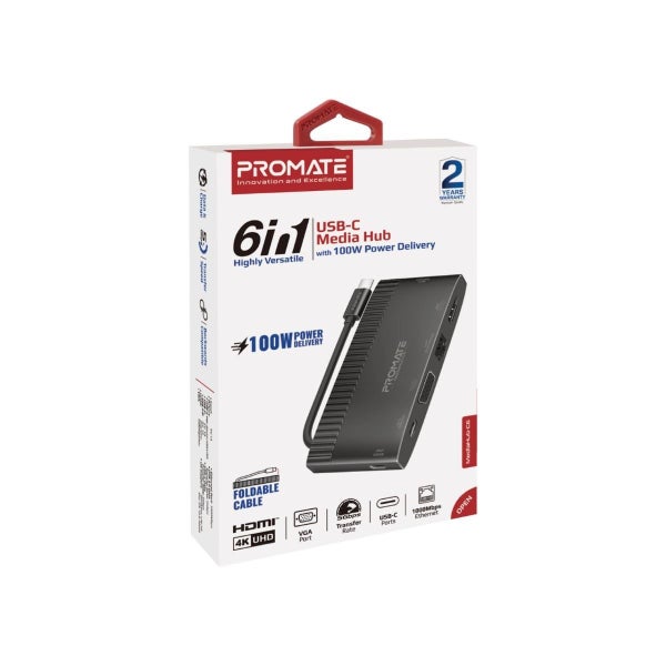 PROMATE 6-in-1 USB Multi Port Hub with USB-C Connector. Includes USB-C, USB-A, H Carousel 4