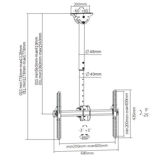 BRATECK 37''-70'' Ceiling Mount Bracket. Max Load: 50Kgs. VESA support up to: 60 Carousel 2