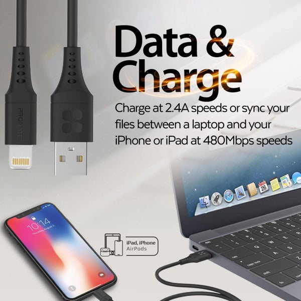 PROMATE 2m USB-A to Lightning Data & Charge Cable. Data Transfer Rate 480Mbps. T Carousel 2