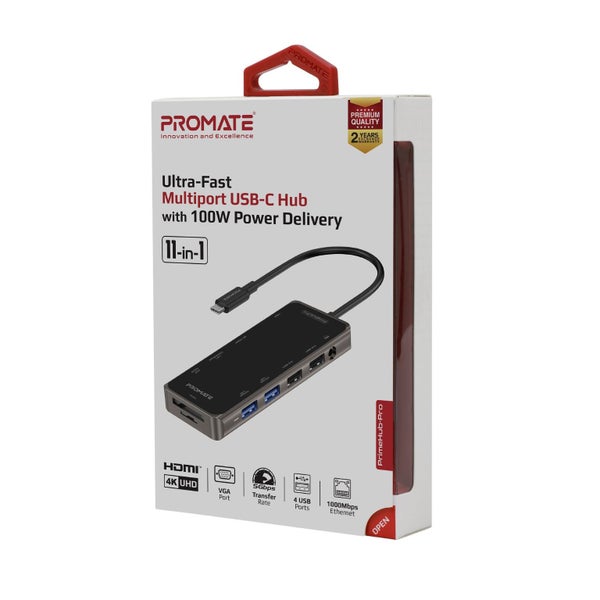 PROMATE 11-in-1 USB Multi-Port Hub with USB-C Connector. Includes 100W PD, Dual Carousel 6