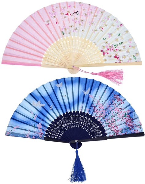 2pcs Chinese Folding Hand Held Fan Portable Glitter Wedding Party Christmas Carousel 1