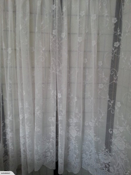 Beautiful X2 Set Long Drop White Patterned Flowers Sheer Net Curtains Carousel 1