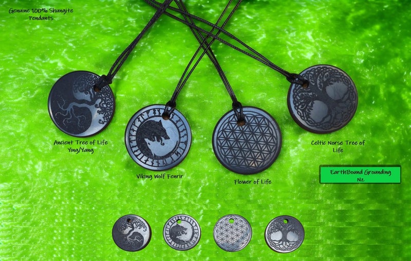 GENUINE SHUNGITE PENDANTS - TREE OF LIFE, FLOWER OF LIFE, VIKING WOLF FENRIR Carousel 1
