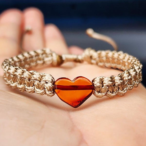 Natural Baltic Amber Heart Macrame Bracelet Carousel 1