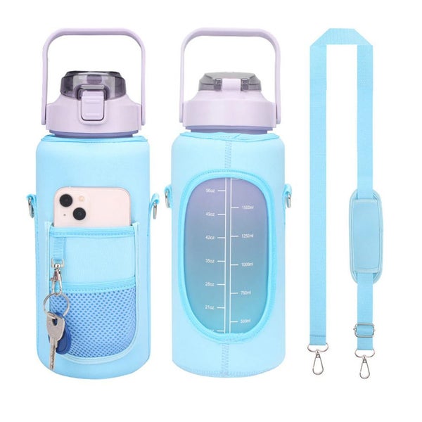 2L Large Capacity Water Bottle with Time Markings Flask Pouch Sleeve - Blue Carousel 2
