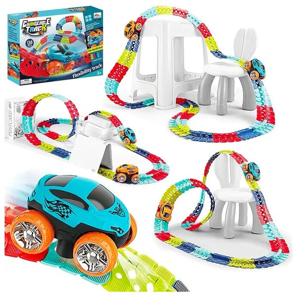 138PCS LED Light-Up Race Car Set Flexible Glow Track Electric Bendable Toy Carousel 1
