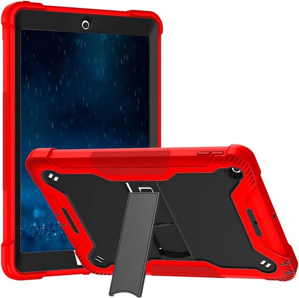 Apple iPad 7, 8, 9 (10.2 inch) Red Black Shockproof Rugged Case with Kickstand Carousel 2