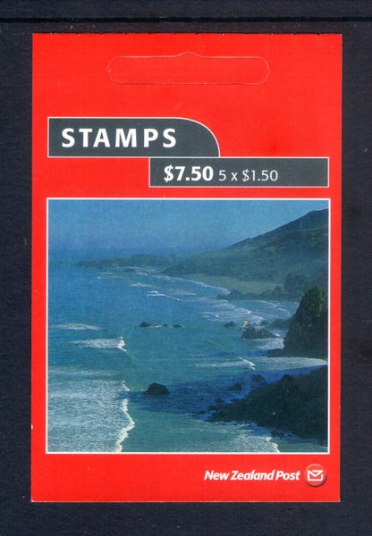BK129. NZ - Booklet - 2002 $7.50 Coastlines - Pane 5 x $1.50 Meybille Bay Carousel 1