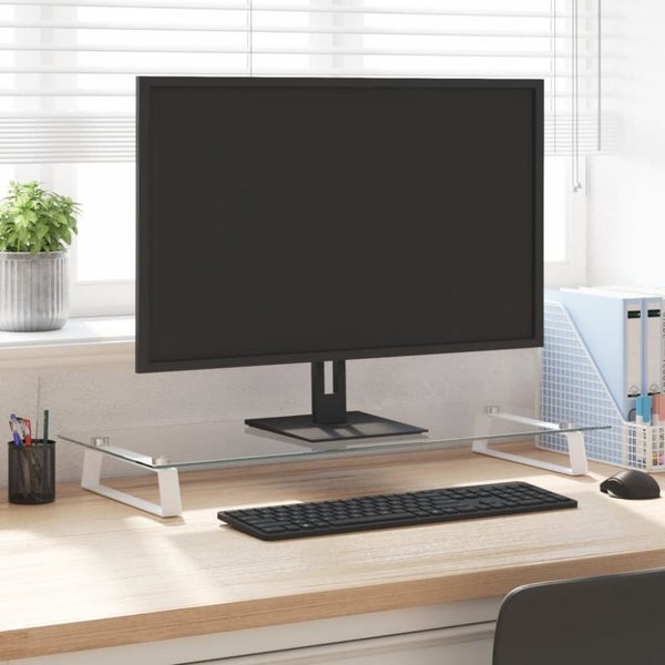 Monitor Stand White 80x35x8 Cm Tempered Glass and Metal Tiaxxo Carousel 1