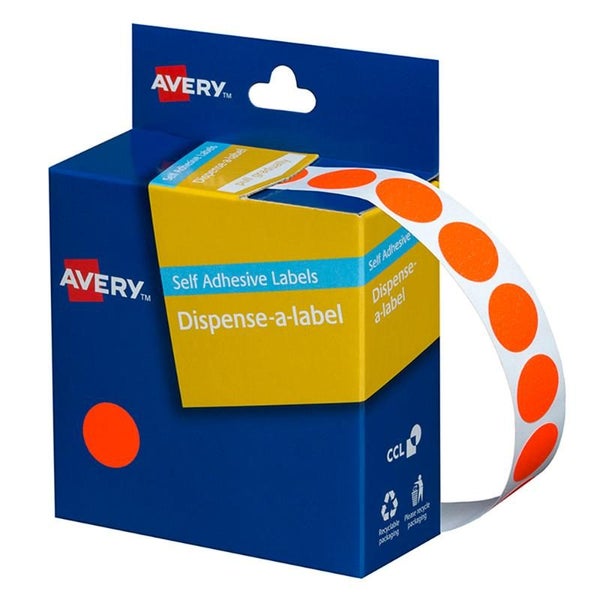 Avery Label Dispenser DMC14FR Red Fluoro Round 14mm 700 Pack Carousel 1