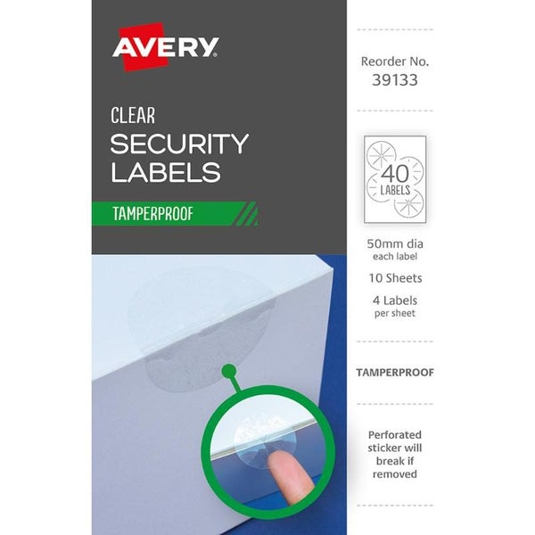 Avery Tamper Proof Label 39133 Clear Dot 50mm 4up 10 Sheets Carousel 1