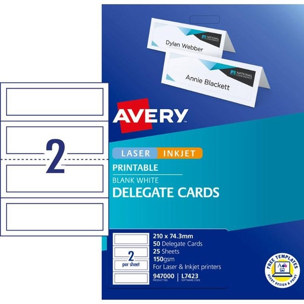 Avery Delegate Cards 210x74.3mm 50 Cards 25 Sheets Inkjet Laser Carousel 2